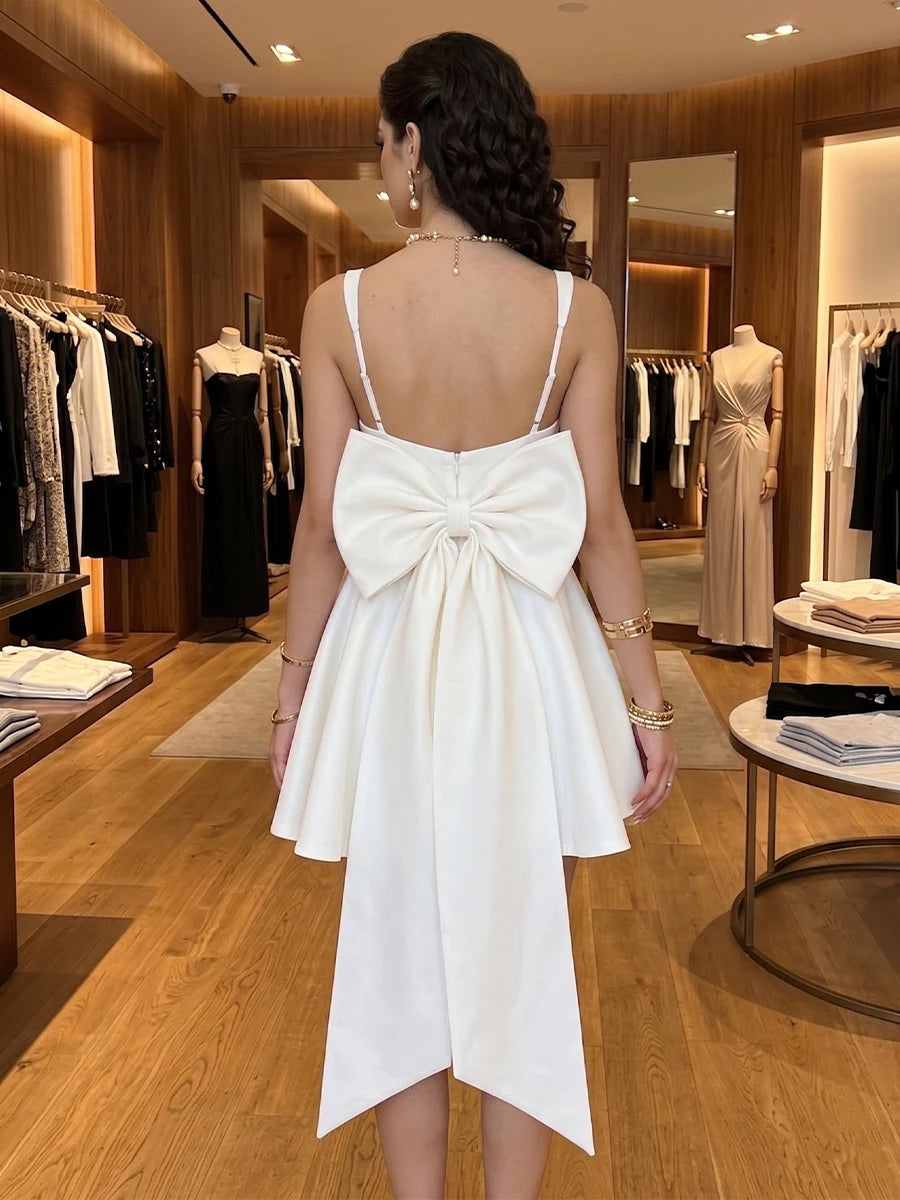 Chic A-Line Square Neck Sleeveless Bow Back White Short Homecoming Dress