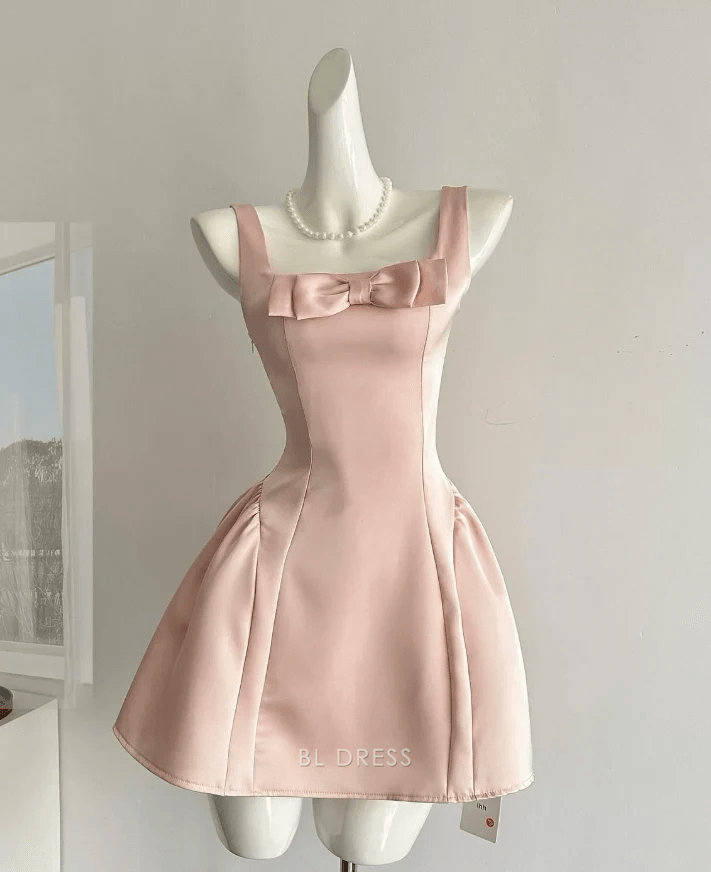 Chic A-Line Square Neck Sleeveless Bowknot Blush Pink Short Homecoming Dress Women's
