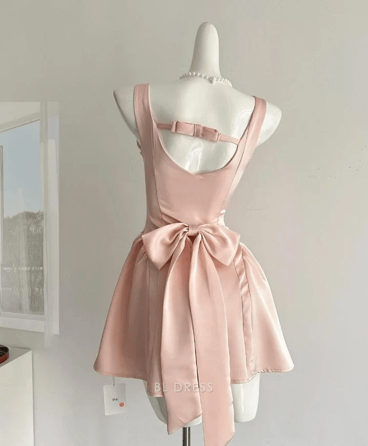 Chic A-Line Square Neck Sleeveless Bowknot Blush Pink Short Homecoming Dress Women's