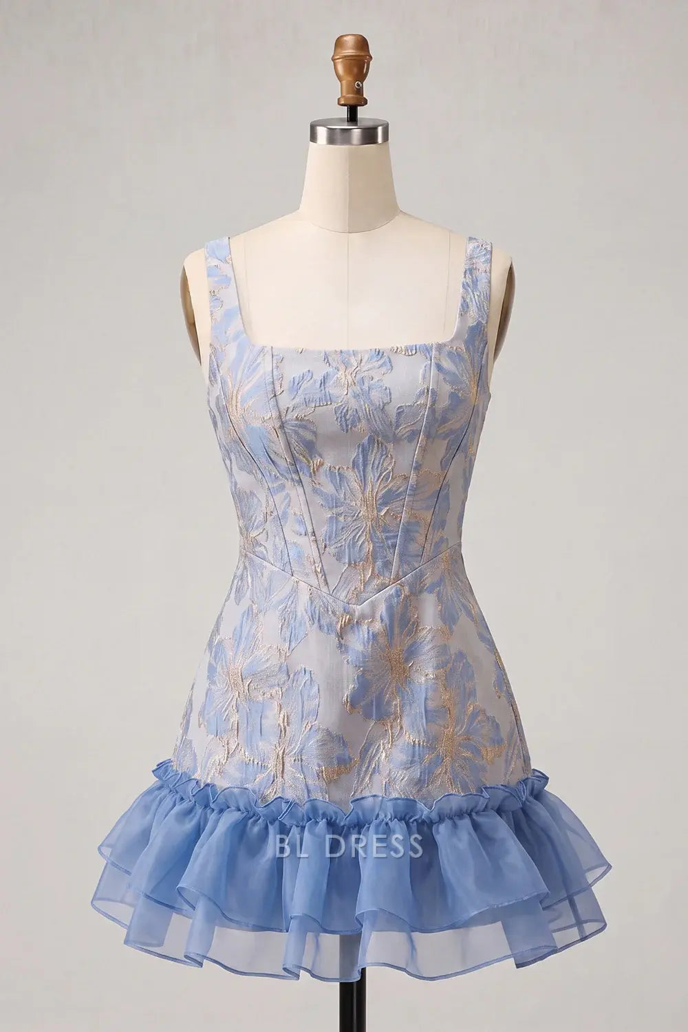 Chic A-Line Square Neck Sleeveless Corset Ruffled Light Blue Mini Homecoming Dress