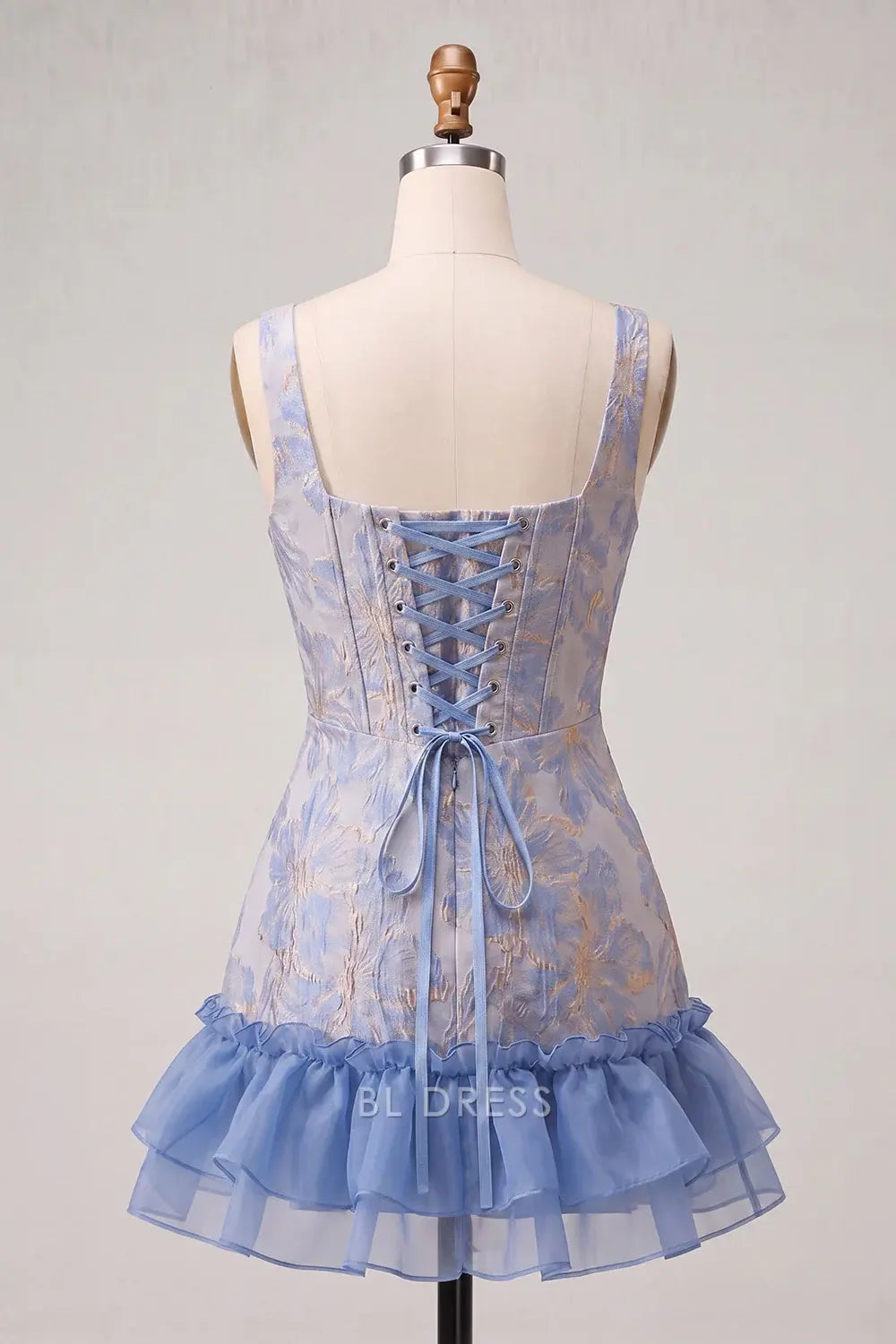 Chic A-Line Square Neck Sleeveless Corset Ruffled Light Blue Mini Homecoming Dress