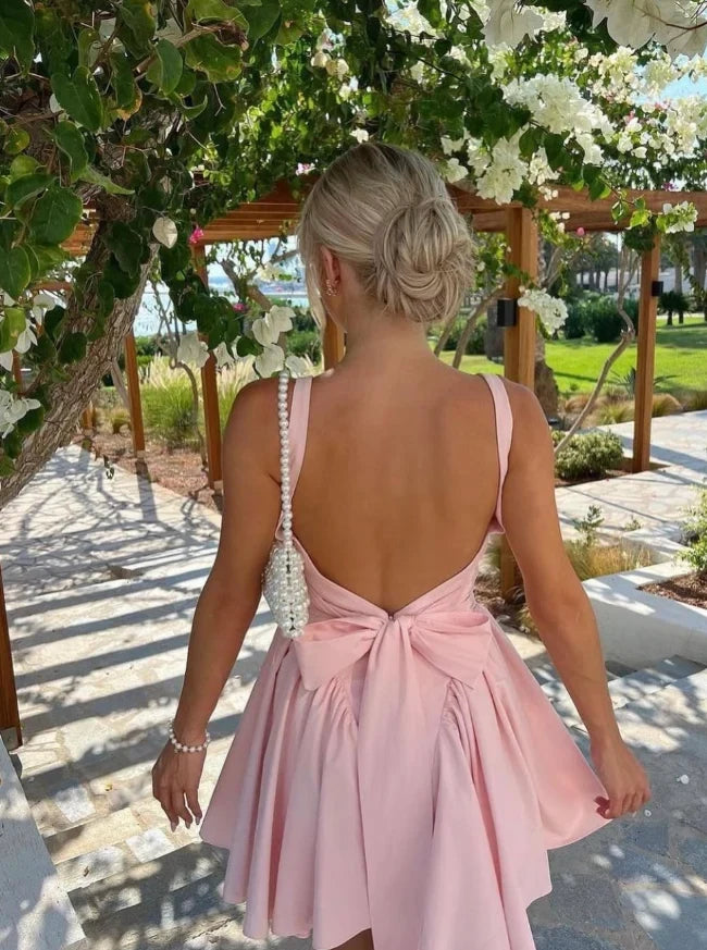 Chic A-Line Square Neck Sleeveless Pleated Bow-Back Blush Pink Short Women's Homecoming Dress