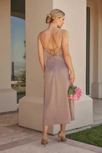 Chic A-Line Square Neck Sleeveless Ruched Slit Mauve Midi Prom Dress