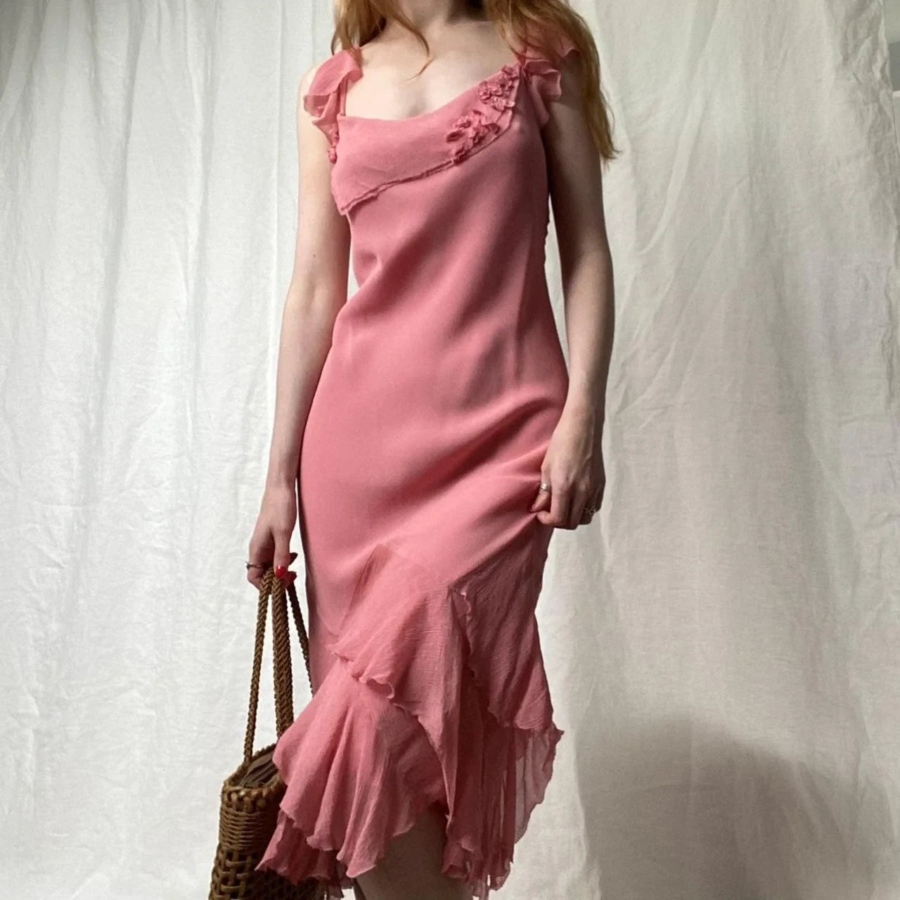 Chic A-Line Square Neck Sleeveless Ruffled Pink Midi Homecoming Dress