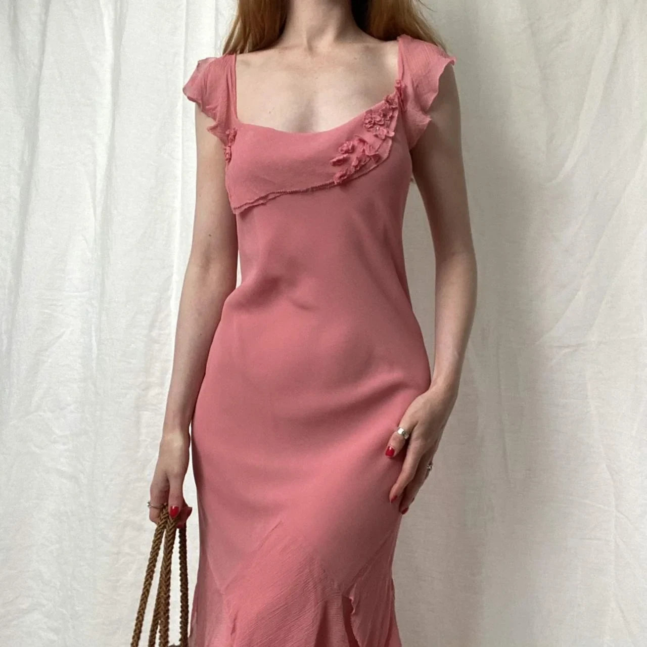 Chic A-Line Square Neck Sleeveless Ruffled Pink Midi Homecoming Dress