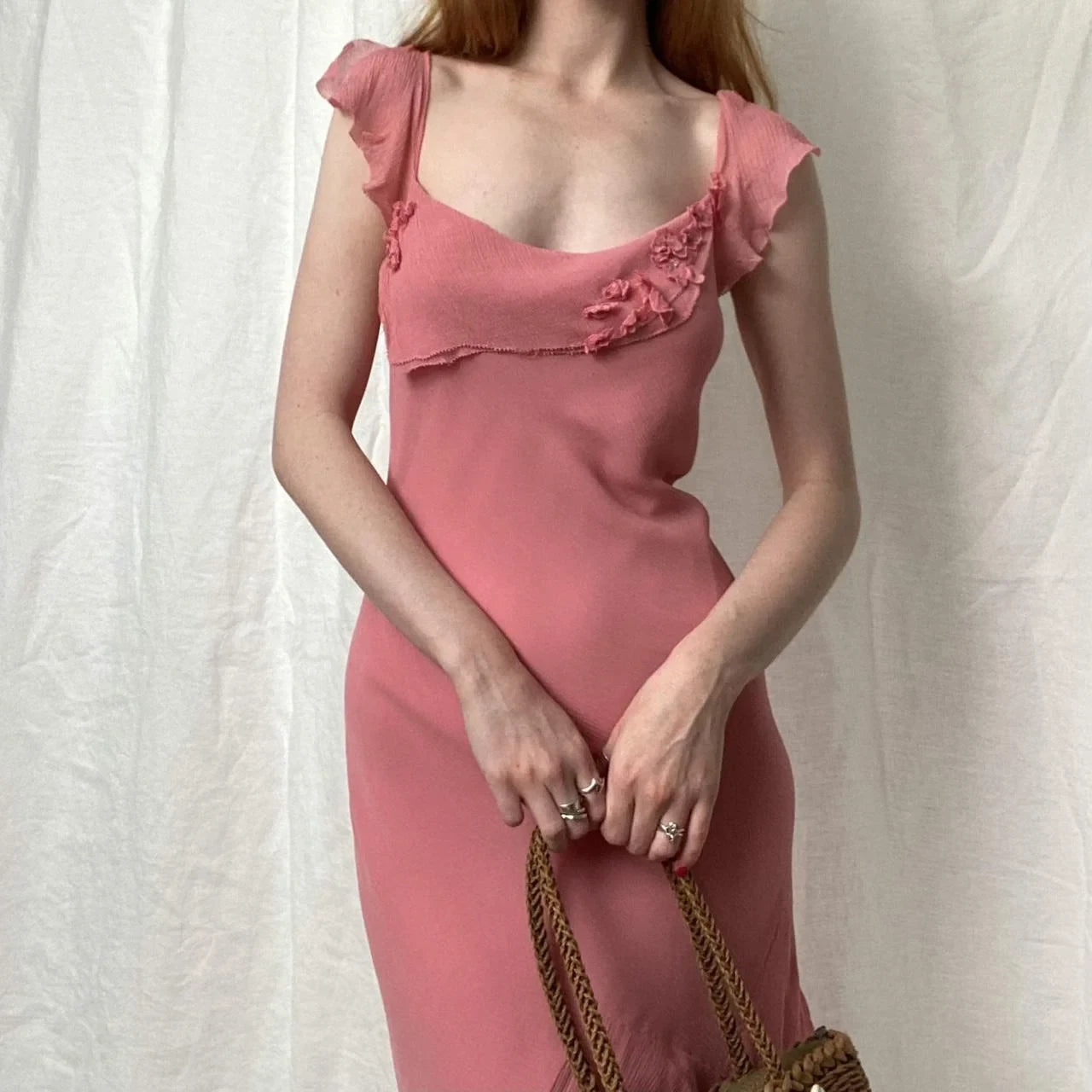 Chic A-Line Square Neck Sleeveless Ruffled Pink Midi Homecoming Dress