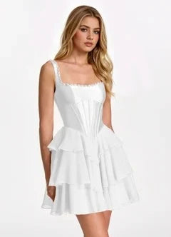 Chic A-Line Square Neck Sleeveless Ruffled White Short Homecoming Dress for Women