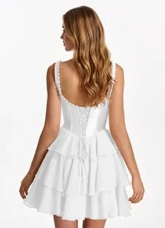 Chic A-Line Square Neck Sleeveless Ruffled White Short Homecoming Dress for Women