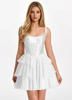 Chic A-Line Square Neck Sleeveless Ruffled White Short Homecoming Dress for Women