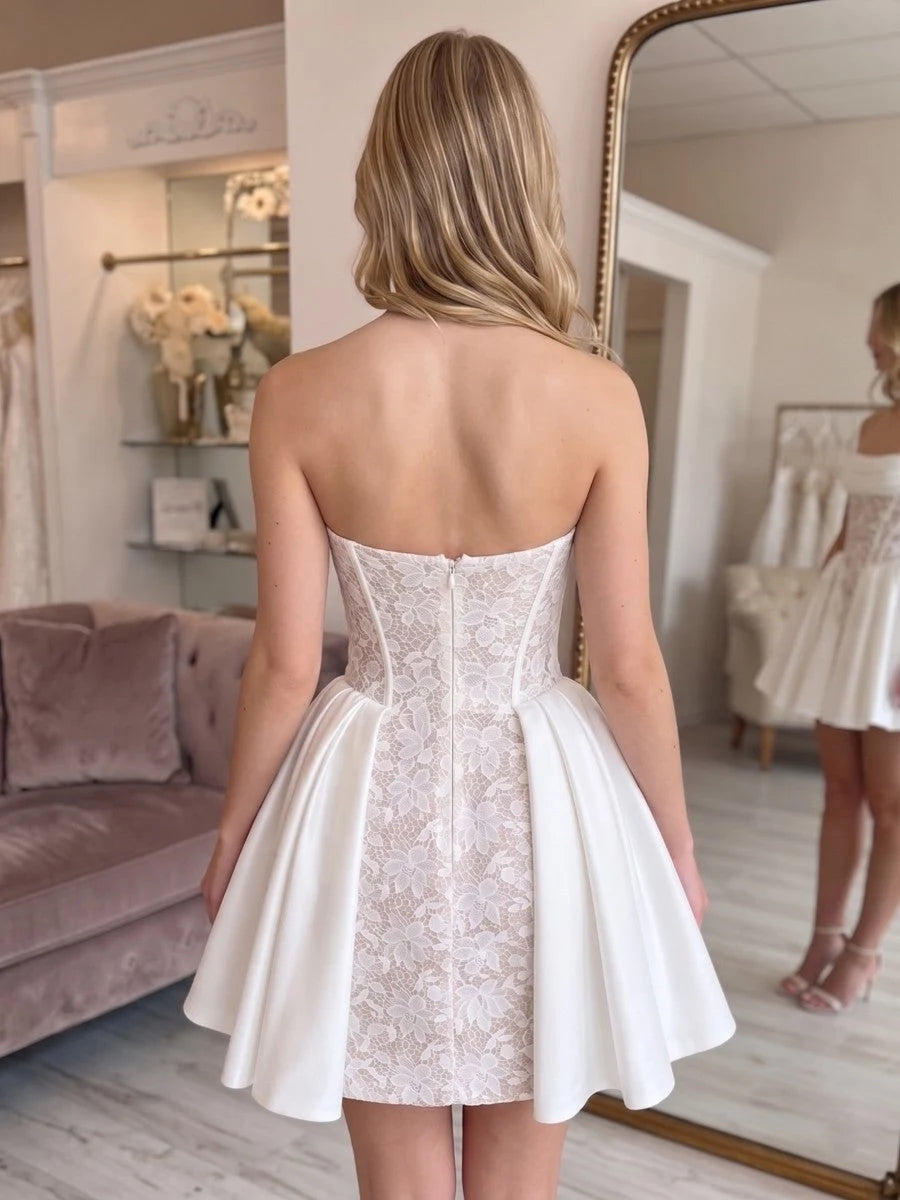 Chic A-Line Strapless Corset Lace White Short Homecoming Dress Women