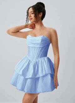 Chic A-Line Strapless Corset Tiered Light Blue Short Homecoming Dress