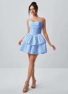 Chic A-Line Strapless Corset Tiered Light Blue Short Homecoming Dress