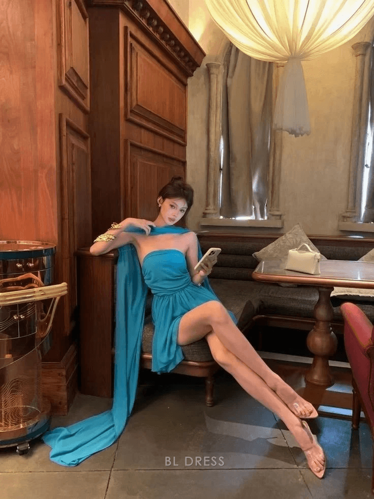 Chic A-Line Strapless Draped Ruched Teal Blue Mini Homecoming Dress Women's Party