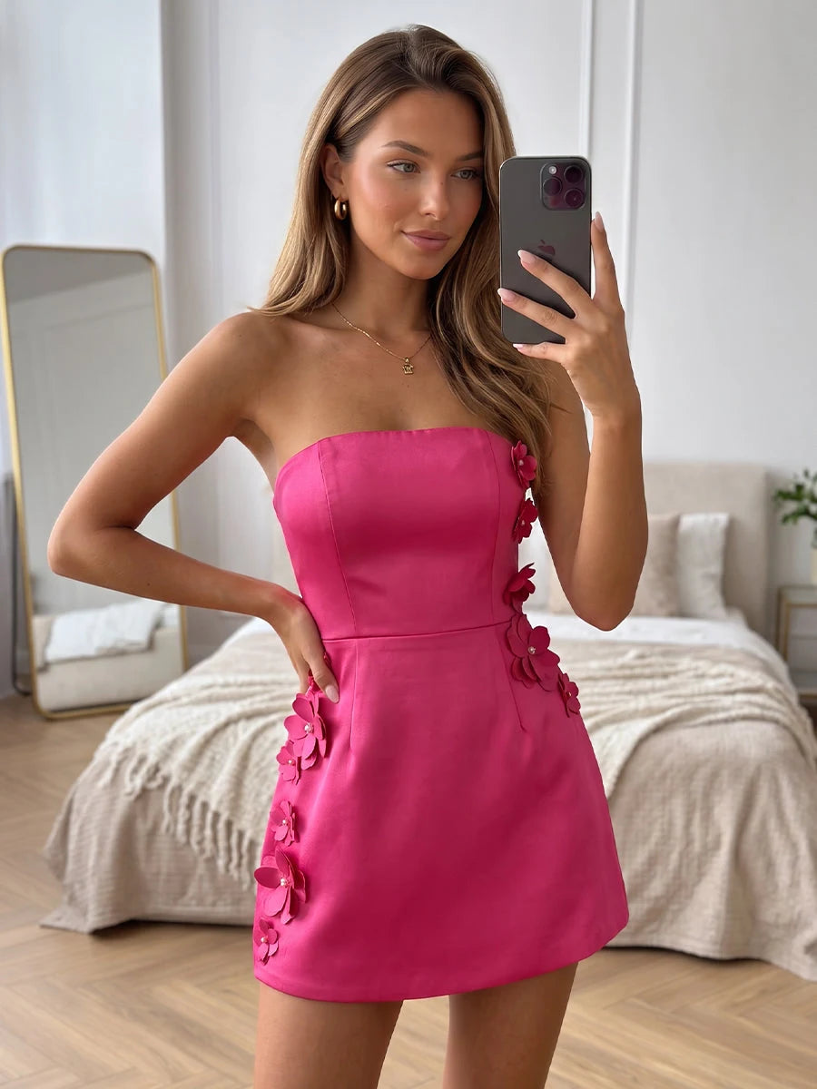 Chic A-Line Strapless Floral Applique Hot Pink Mini Homecoming Dress Women's