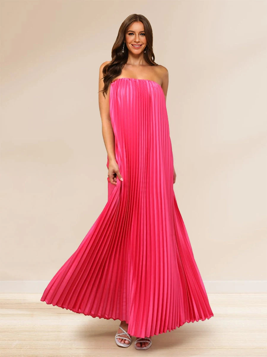 Chic A-Line Strapless Pleated Maxi Hot Pink Floor-Length Prom Dresses Women's Gown