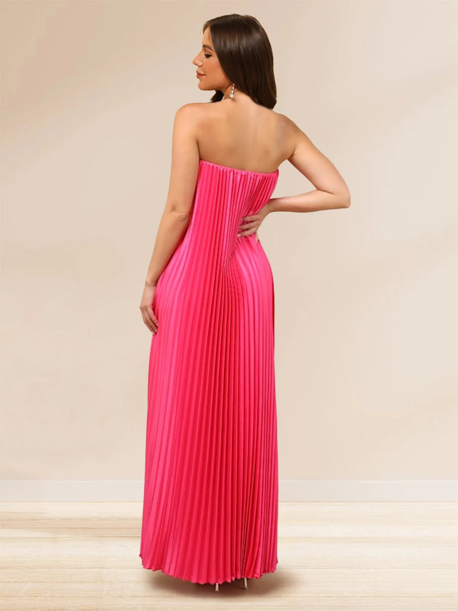 Chic A-Line Strapless Pleated Maxi Hot Pink Floor-Length Prom Dresses Women's Gown