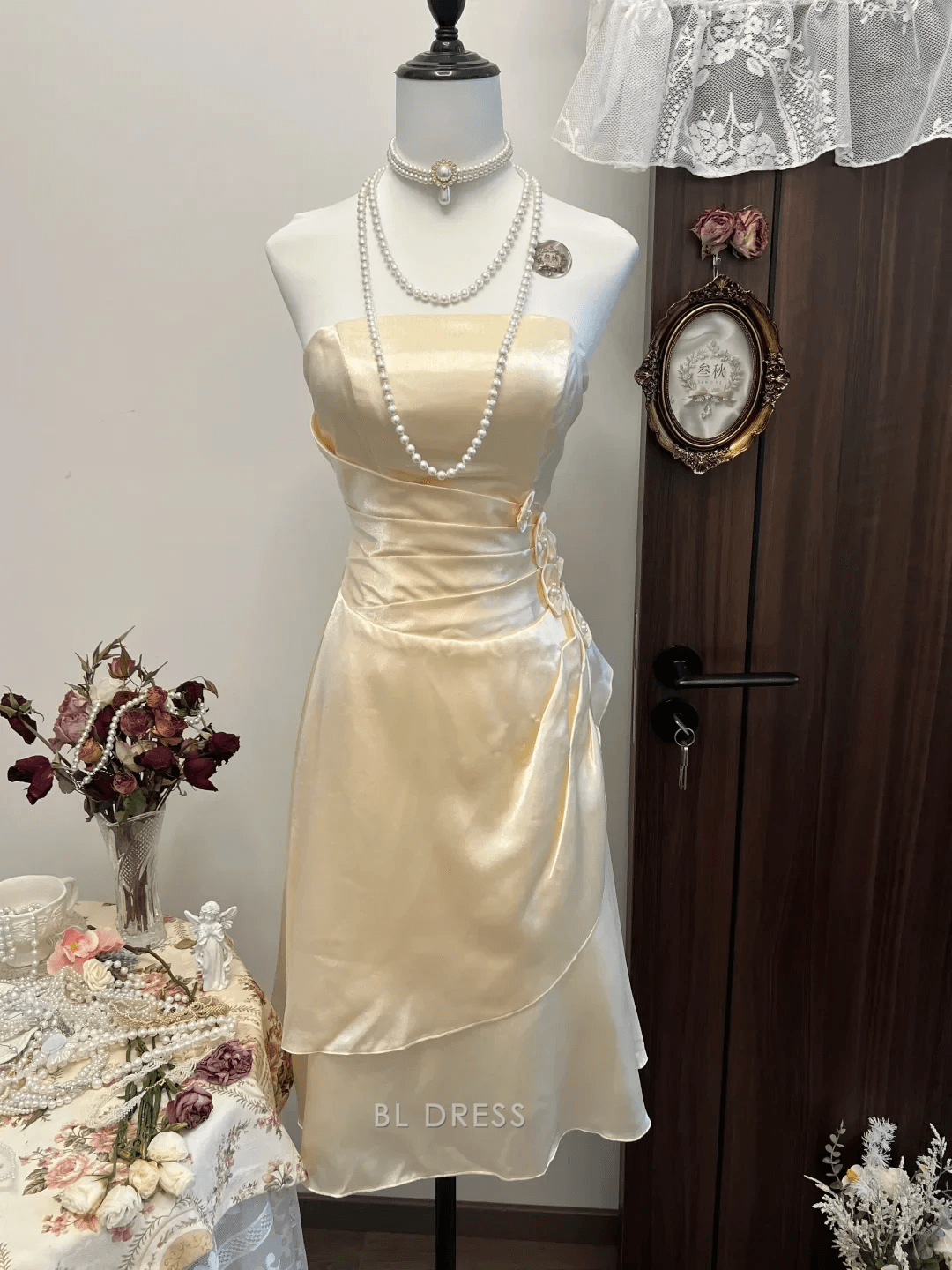 Chic A-Line Strapless Ruched Floral Champagne Short Homecoming Dress Women's