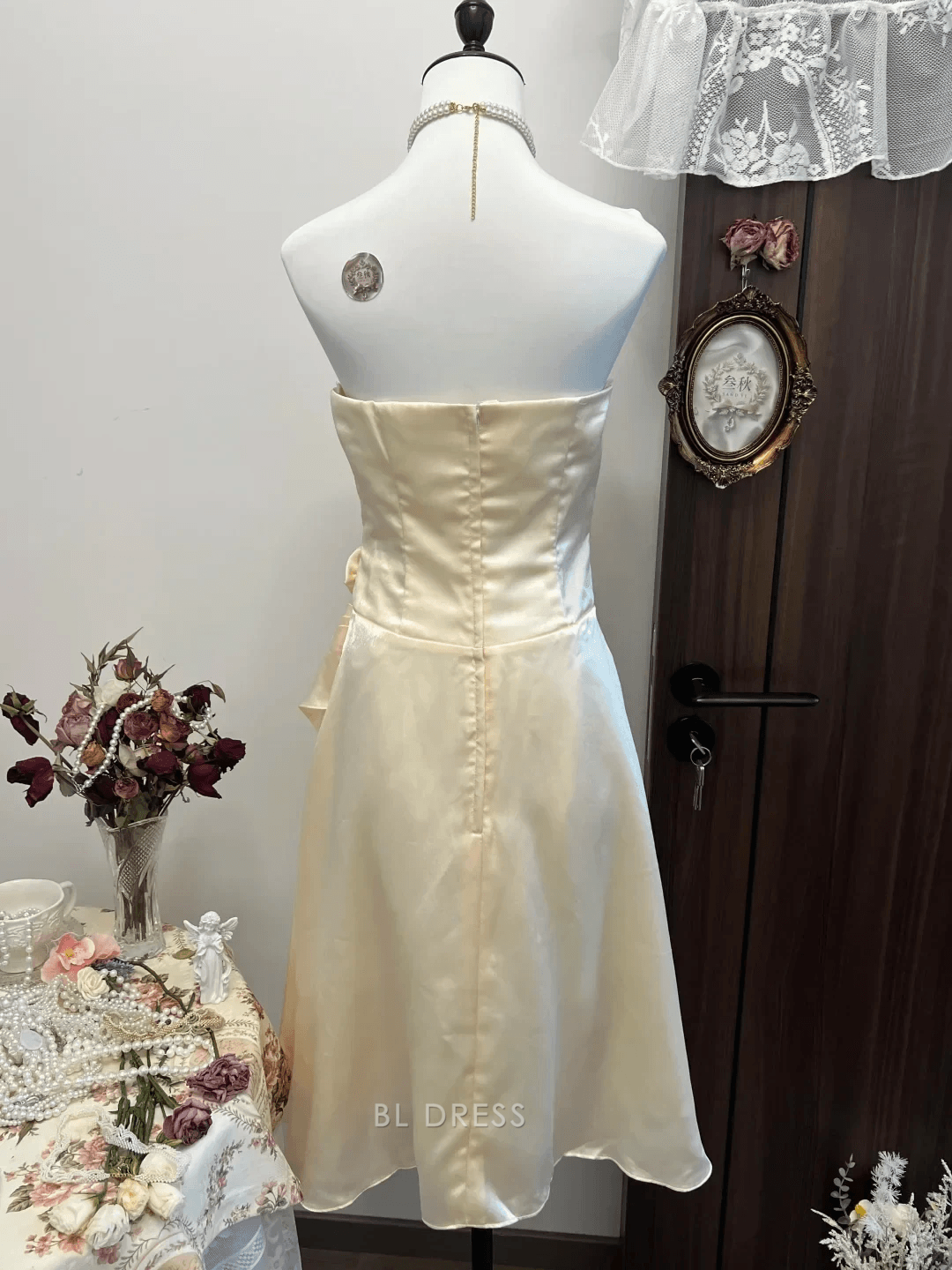 Chic A-Line Strapless Ruched Floral Champagne Short Homecoming Dress Women's