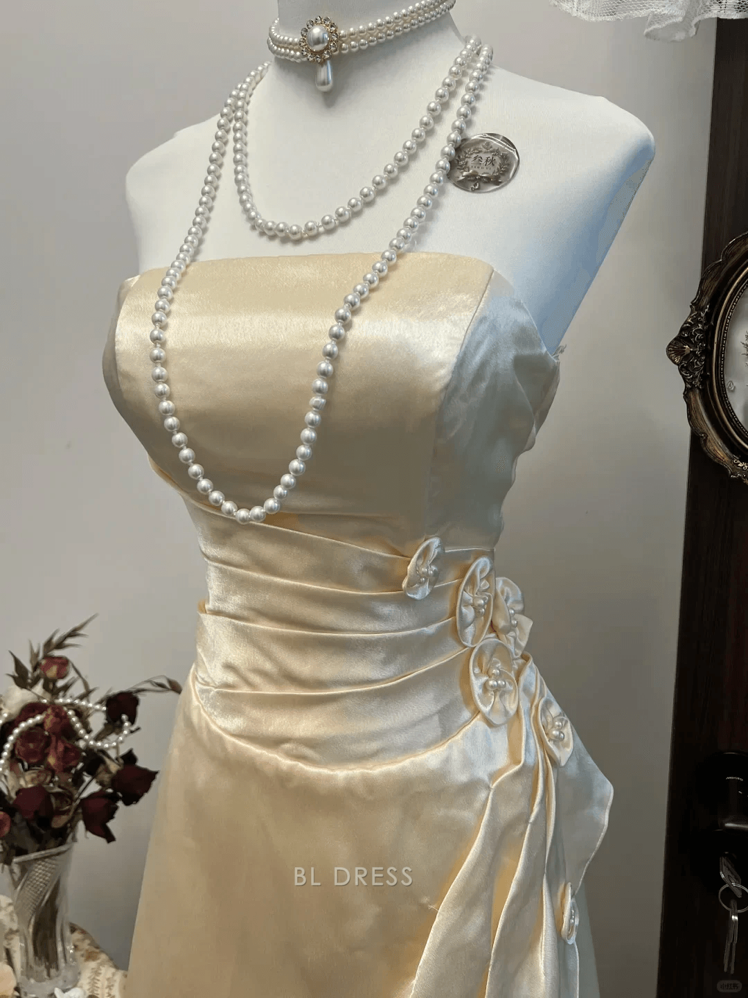 Chic A-Line Strapless Ruched Floral Champagne Short Homecoming Dress Women's