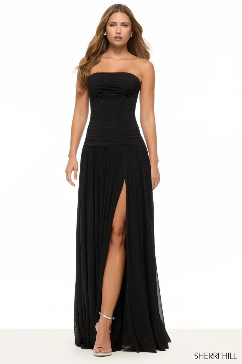 Chic A-Line Strapless Ruched High Slit Black Floor-Length Prom Dress