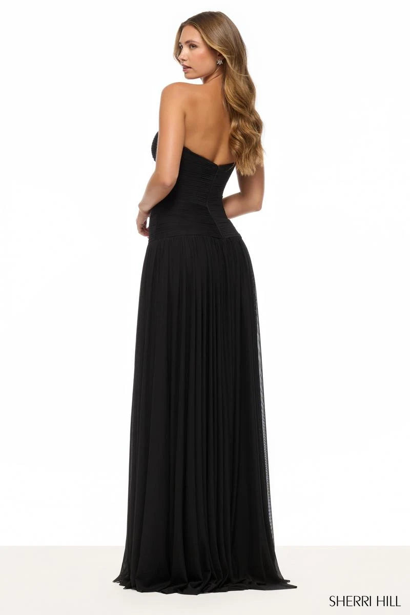 Chic A-Line Strapless Ruched High Slit Black Floor-Length Prom Dress