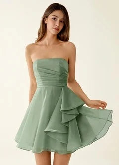 Chic A-Line Strapless Ruched Ruffled Sage Green Short Homecoming Dress