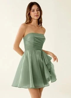 Chic A-Line Strapless Ruched Ruffled Sage Green Short Homecoming Dress