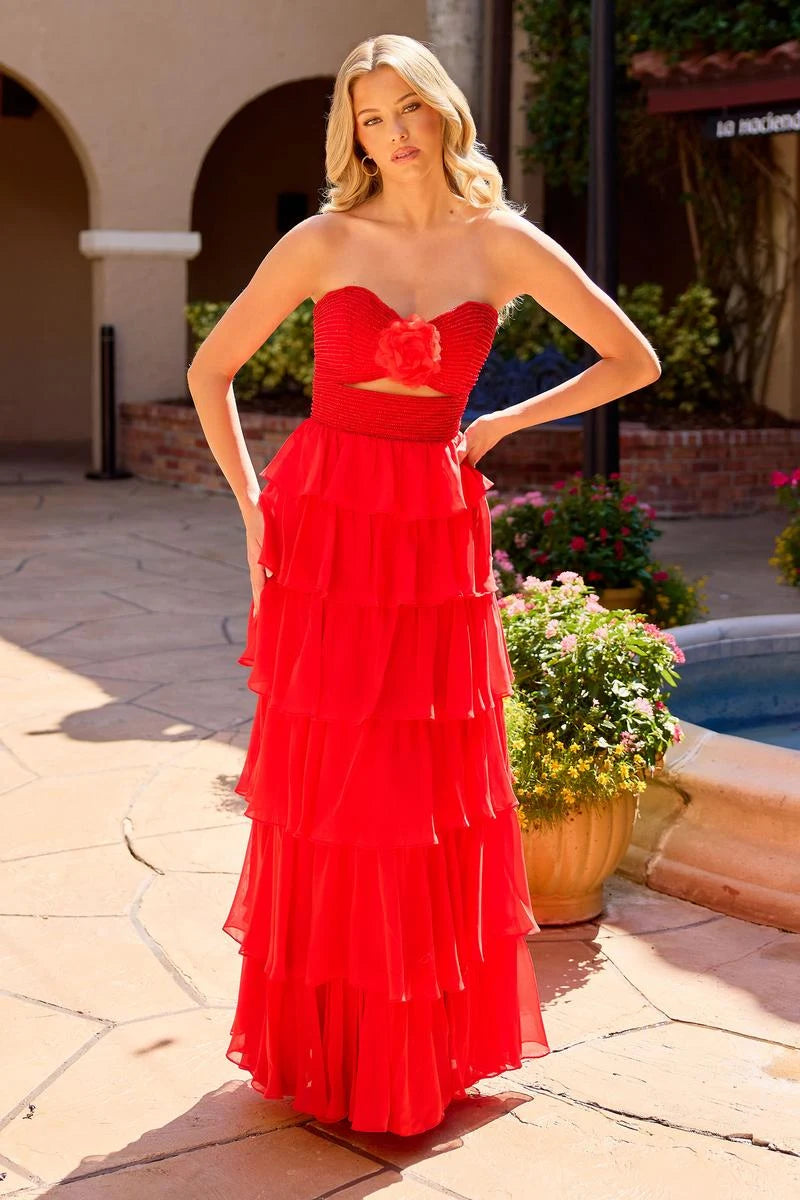 Chic A-Line Strapless Ruffled Tiered Red Floor-Length Prom Dress Gown