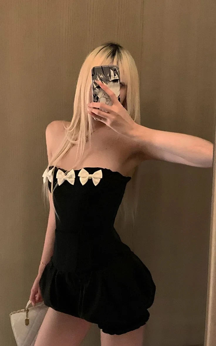Chic A-Line Strapless Sleeveless Bowknot Black Short Homecoming Dress Women's