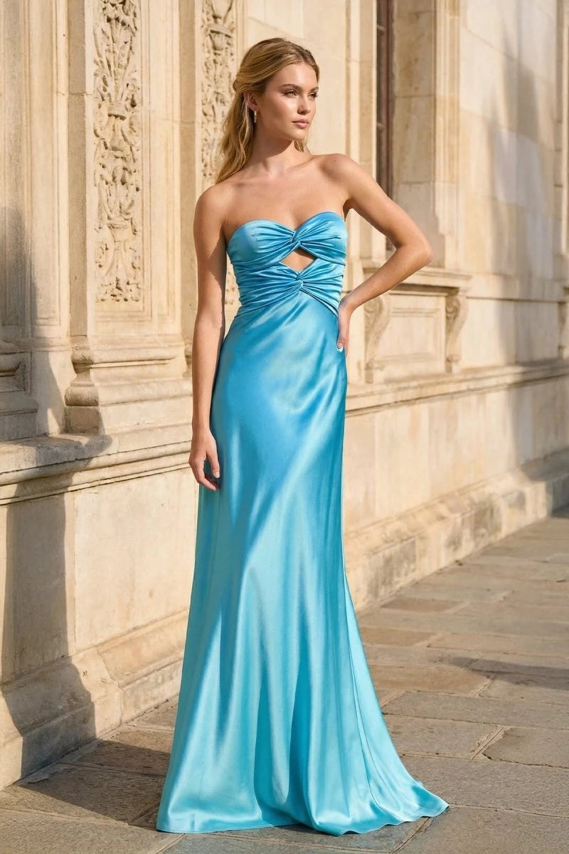 Chic A-Line Strapless Sleeveless Cutout Bow-Back Blue Floor-Length Prom Dresses Gown