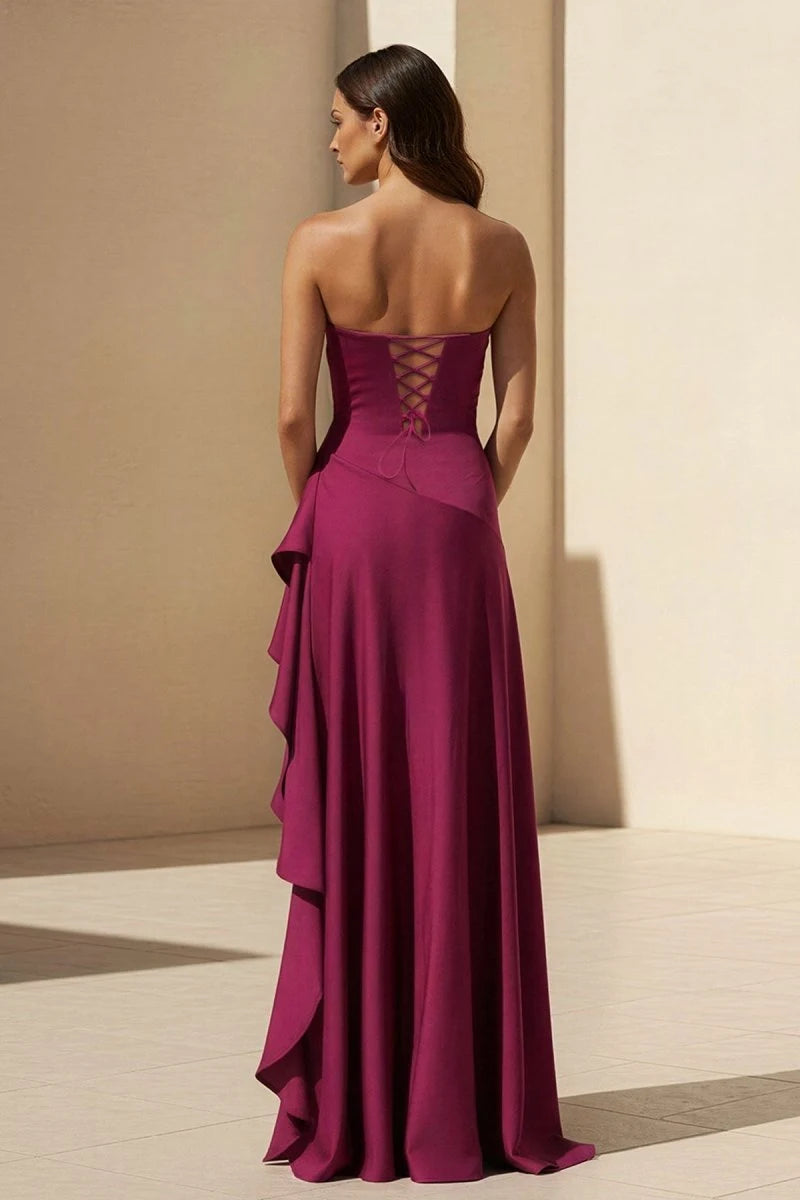 Chic A-Line Strapless Sleeveless Ruched Ruffled Magenta High-Low Prom Dresses Women