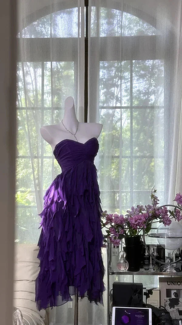 Chic A-Line Strapless Sleeveless Ruffled Layered Purple Short Homecoming Dress Women's Gown
