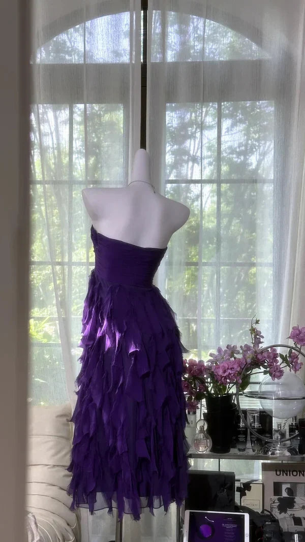 Chic A-Line Strapless Sleeveless Ruffled Layered Purple Short Homecoming Dress Women's Gown