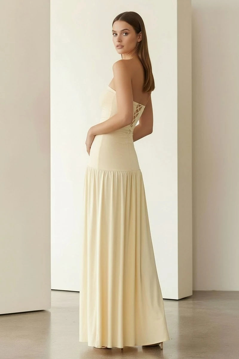 Chic A-Line Strapless Sleeveless Slit Pleated Yellow Maxi Prom Dresses Women
