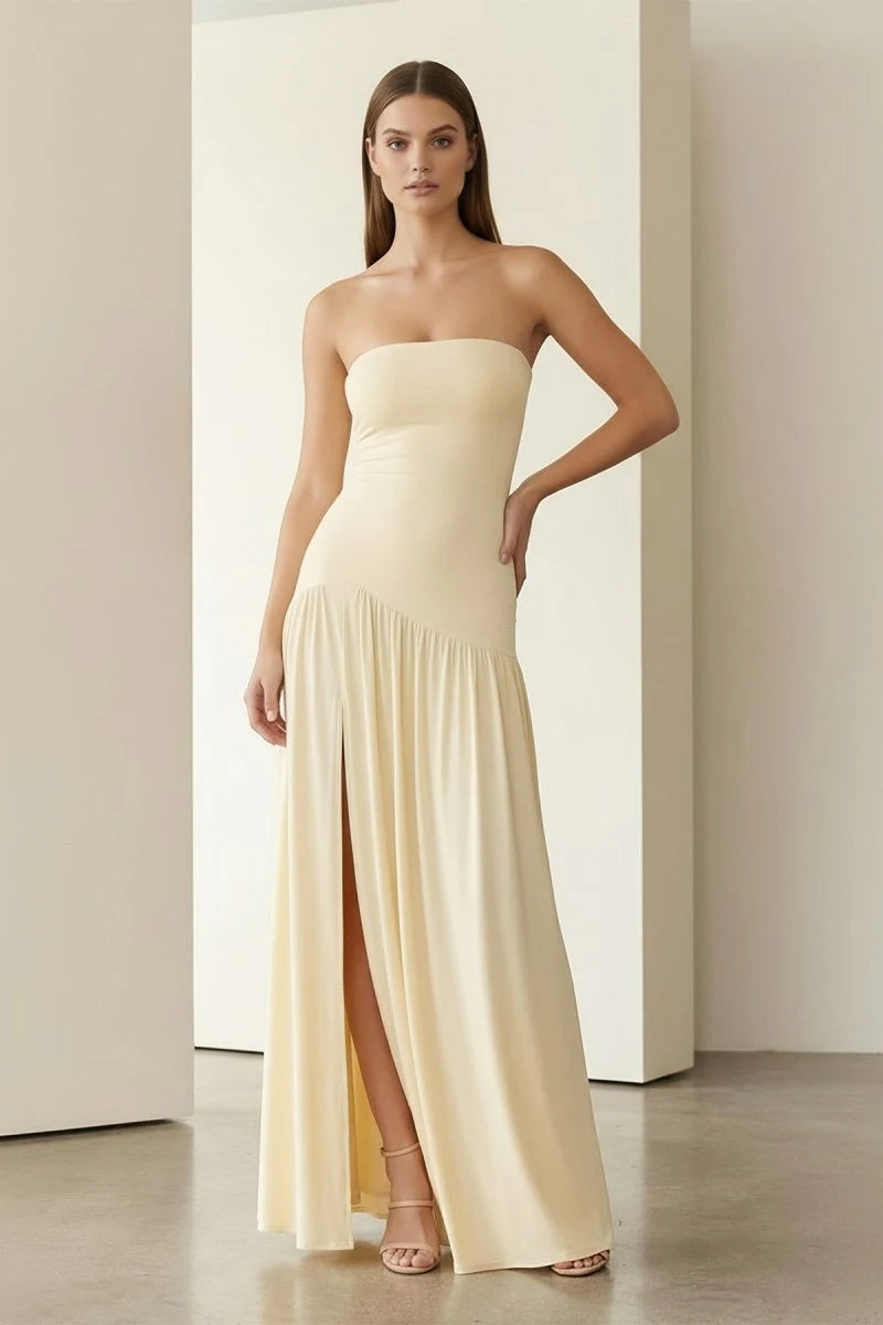 Chic A-Line Strapless Sleeveless Slit Pleated Yellow Maxi Prom Dresses Women