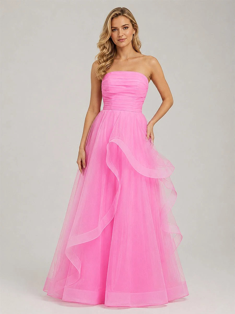 Chic A-Line Strapless Sleeveless Tiered Corset Pink Floor-Length Prom Dresses Women