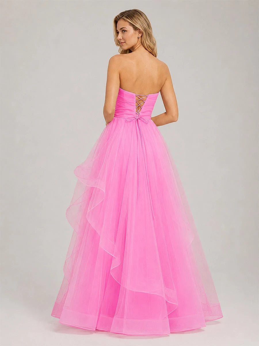Chic A-Line Strapless Sleeveless Tiered Corset Pink Floor-Length Prom Dresses Women