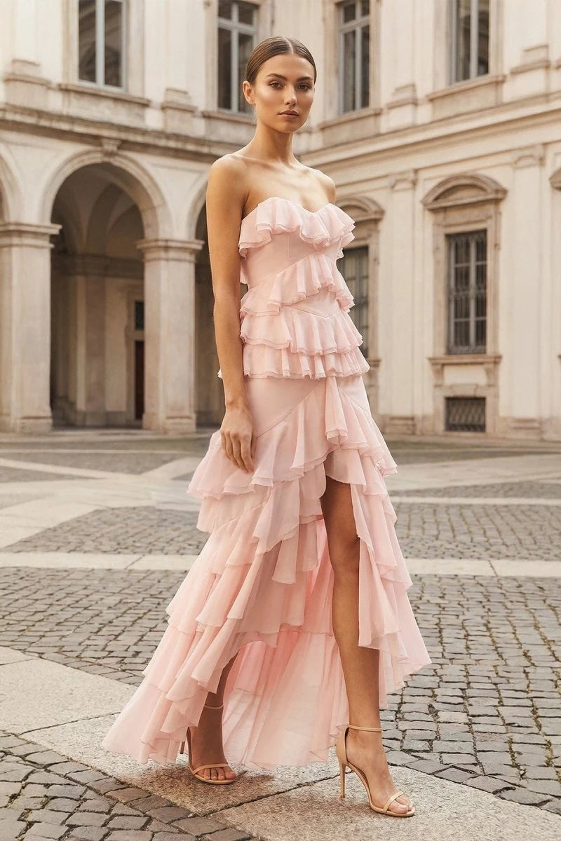 Chic A-Line Strapless Sleeveless Tiered Ruffle Pink Prom Dresses Women