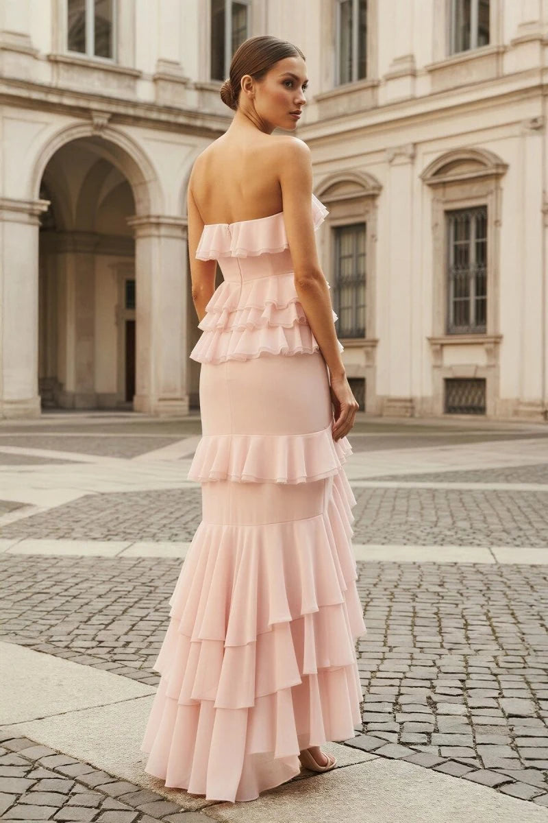 Chic A-Line Strapless Sleeveless Tiered Ruffle Pink Prom Dresses Women