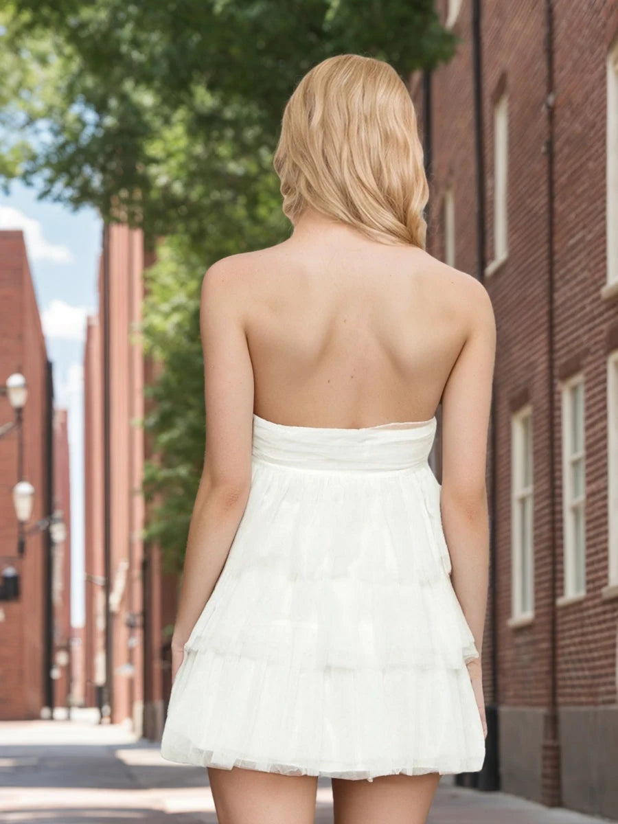 Chic A-Line Strapless Tiered Ruffle White Short Homecoming Dress