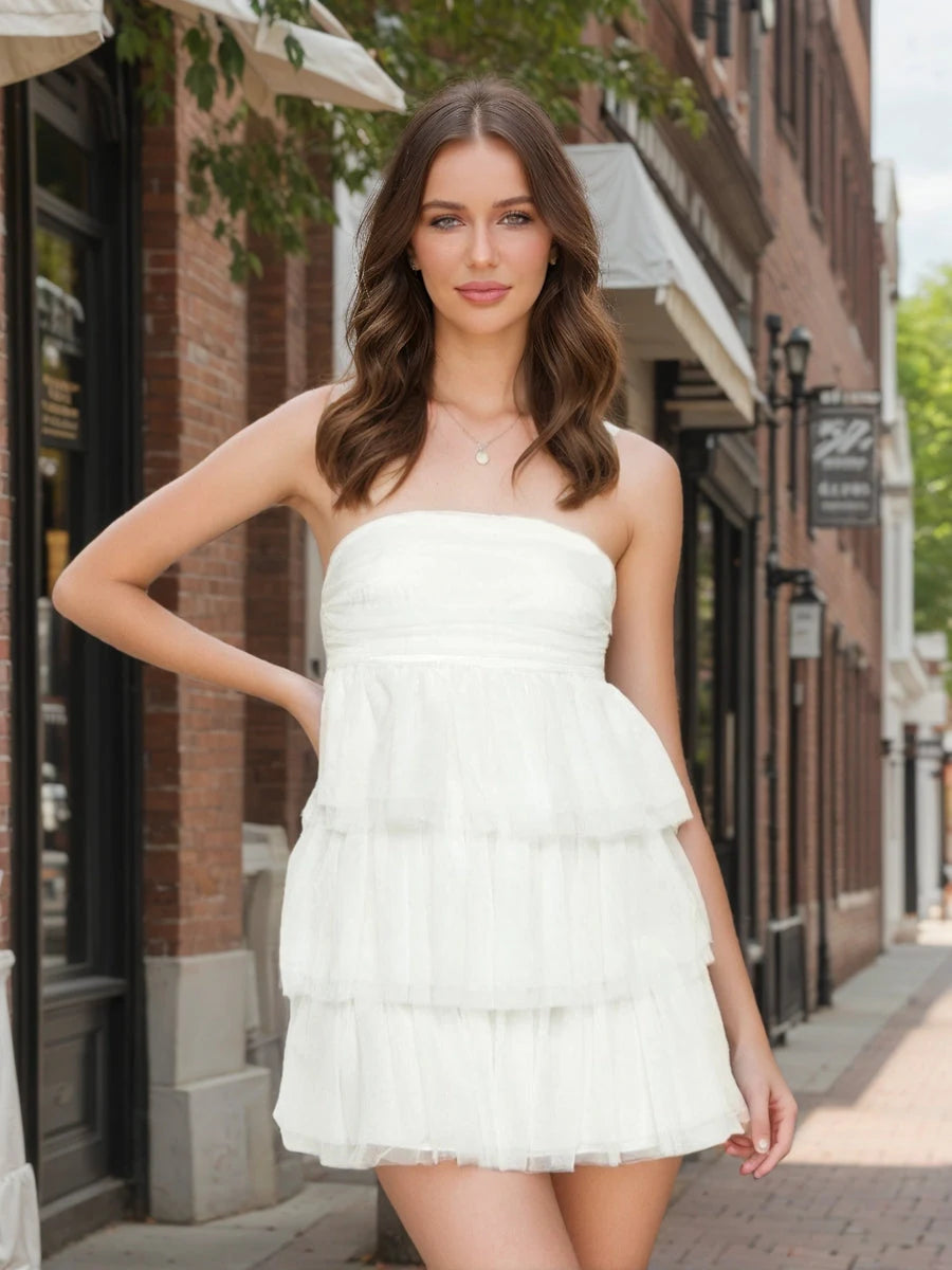 Chic A-Line Strapless Tiered Ruffle White Short Homecoming Dress