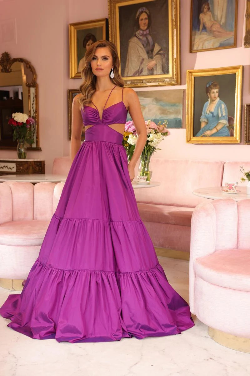 Chic A-Line Strappy V-Neck Sleeveless Tiered Cutout Purple Floor-Length Prom Dress