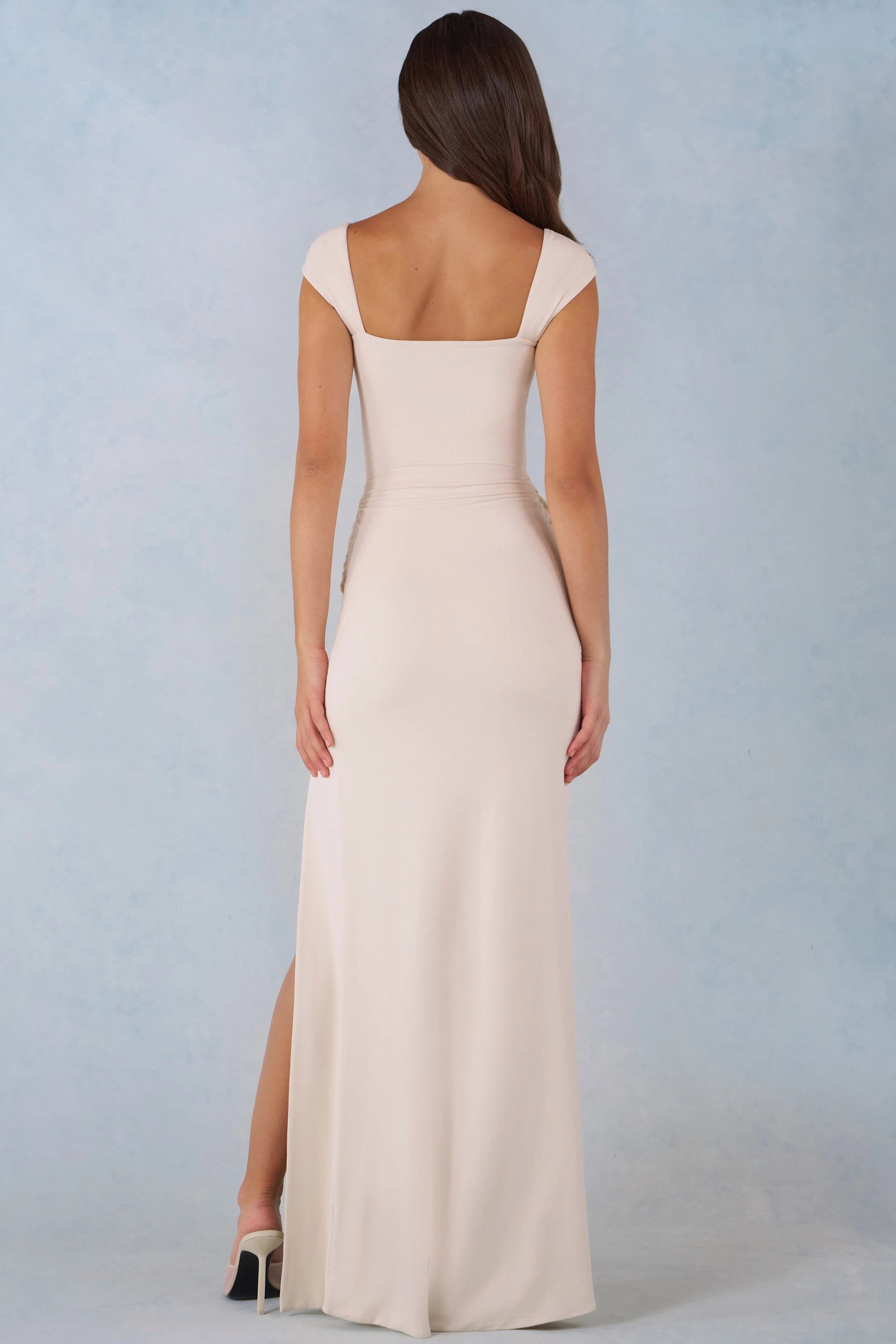Chic A-Line Sweetheart Cap Sleeve Ruched Slit Cream Floor-Length Prom Dress