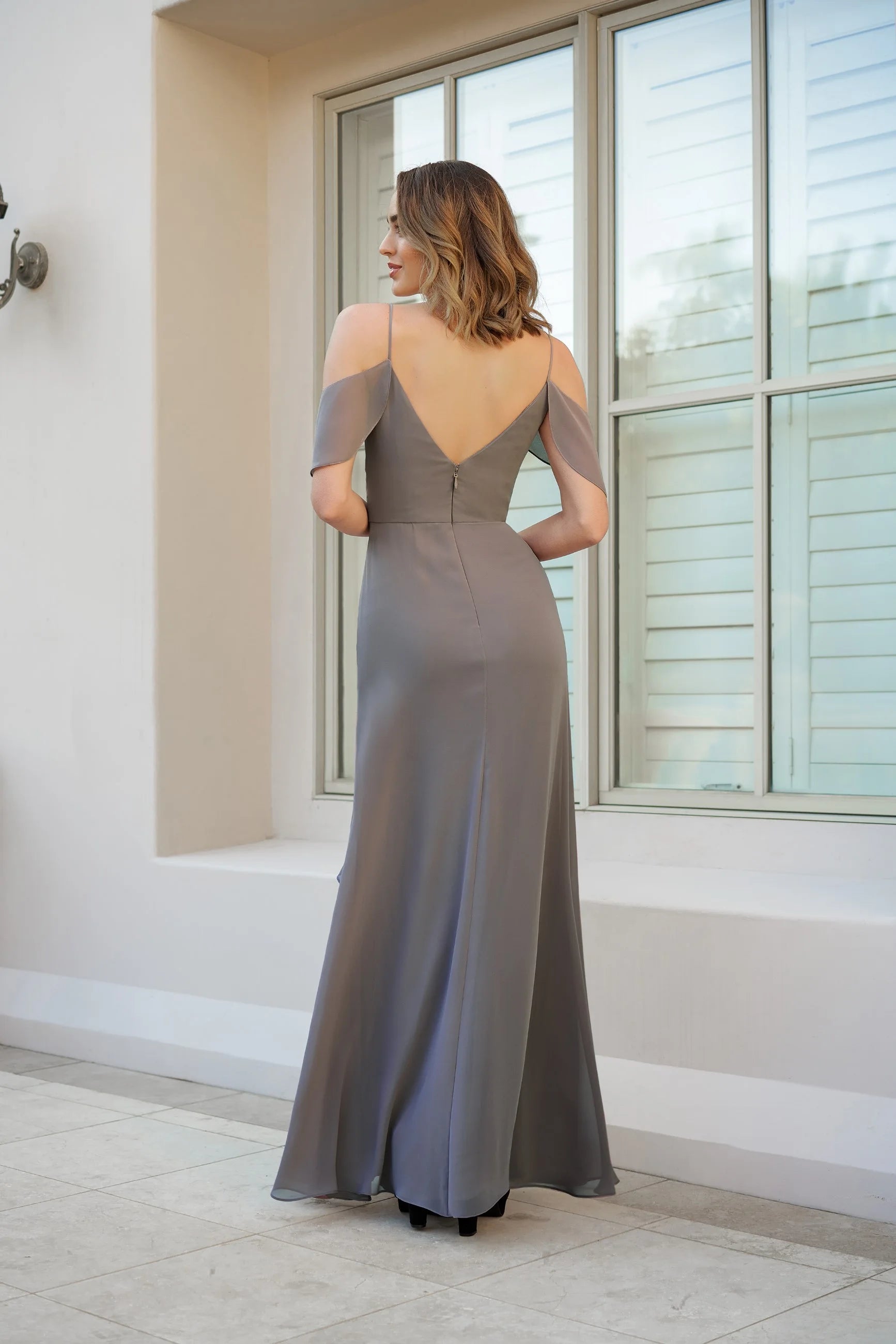Chic A-Line Sweetheart Off-Shoulder Ruffled Slit Slate Grey Floor-Length Prom Dress