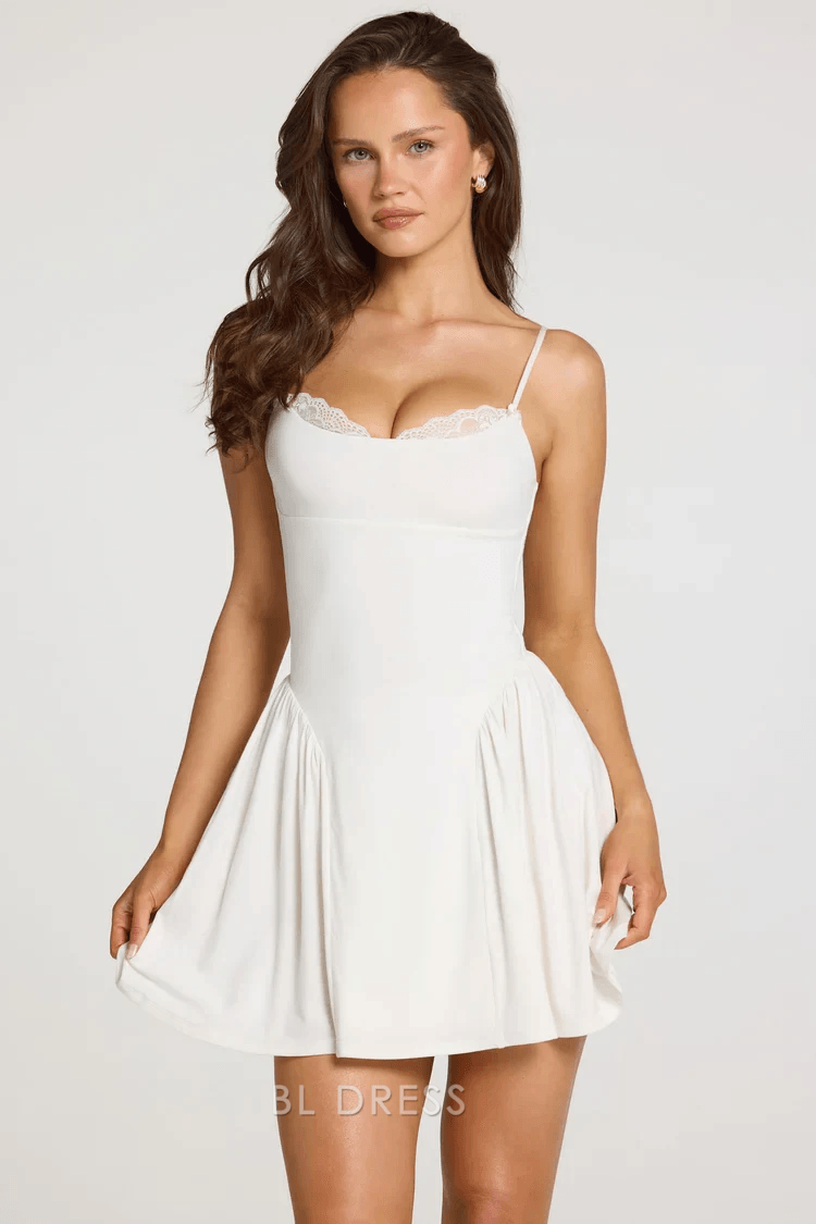 Chic A-Line Sweetheart Sleeveless Lace Trim Mini Ivory Homecoming Dress Women's
