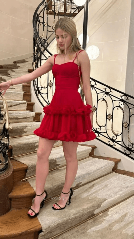 Chic A-Line Sweetheart Sleeveless Ruffled Red Short Homecoming Dresses For Women