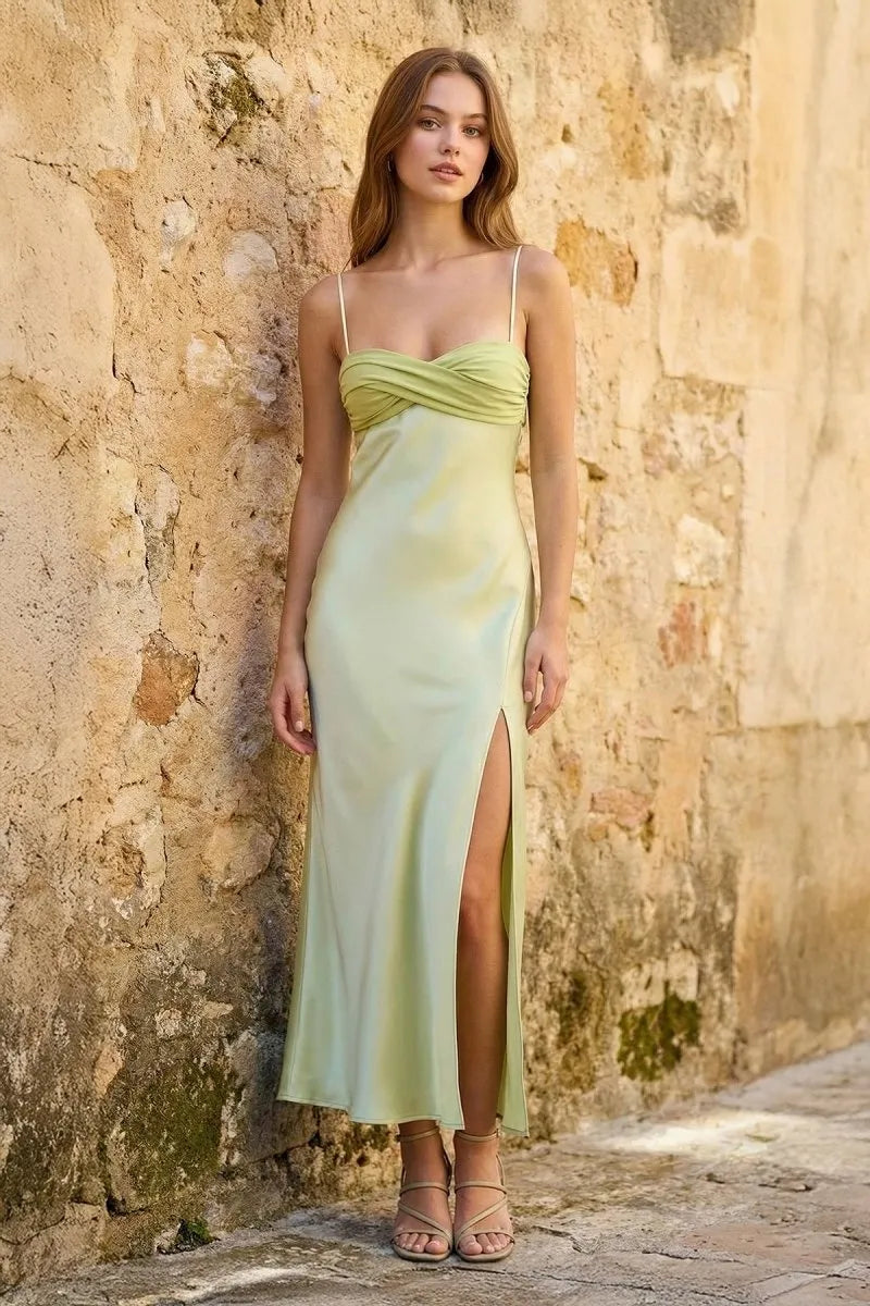 Chic A-Line Sweetheart Sleeveless Slit Backless Green Maxi Prom Dresses Women