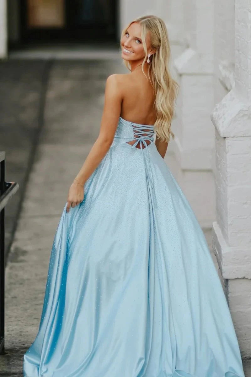 Chic A-Line Sweetheart Strapless Cutout Shimmer Blue Long Prom Dresses Women