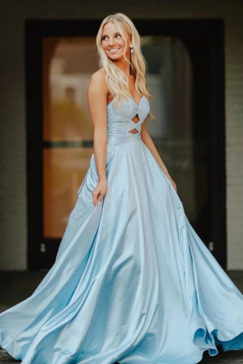 Chic A-Line Sweetheart Strapless Cutout Shimmer Blue Long Prom Dresses Women