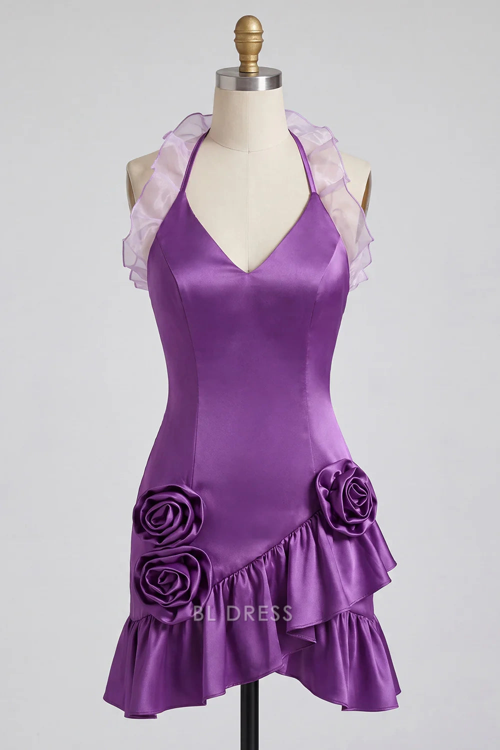 Chic A-Line V-Neck Halter Sleeveless Ruffled Floral Purple Short Homecoming Dress
